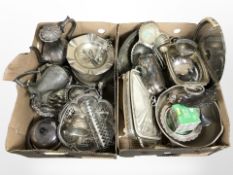 A collection of silver-plated wares including salvers, lidded muffin dish, punch bowl,