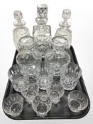 Two pairs of lead crystal decanters, a further decanter,