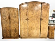 A four piece burr walnut bedroom suite comprising of triple door compactum wardrobe,