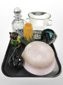 Two decorative glass light shades, three further studio glass paperweights, a decanter,