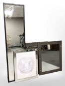 Three modern prints and a print in mirrored frame,