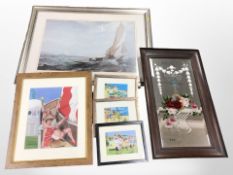 An antique painted mirror, together with a group of seaside prints,