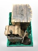 A brass-mounted domed trunk, a vintage pine crate, cast-iron bowl, a further cast-iron press,