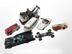 A small group of Corgi die-cast cars including the Batmobile with Batman and Robin passengers,