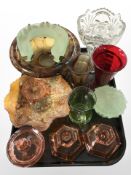 A group of Art Deco glass items, petrol glass bowl, Davidsons glass vase, etc.