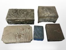 Five Japanese export cast-metal trinket boxes, largest 17cm wide.
