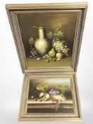 J Knight (Contemporary) Still life of a jug and fruit, oil on canvas laid to board, 52cm x 42cm,