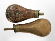Two 19th-century copper and brass powder measures.