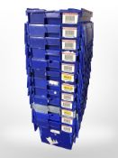 Twelve stackable plastic storage boxes with folding lids,