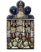 A stained glass panel and further ogee panel above,