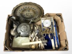 Assorted silver-plated cutlery, pair of Indian enameled vases, similar brass charger,