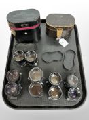 Five Mamiya lenses, F=80mm, F=135mm, F=180mm, F=65mm, F=135mm. Two vintage Mamiya leather cases.