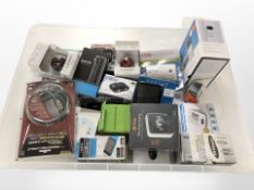 A quantity of boxed home electricals including mini speakers, wireless doorbell, hive heating unit,