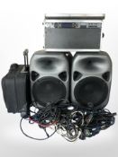 A pair of Wharfedale speakers, with leads and a Cortex HDC-500 mixing deck in flight case.