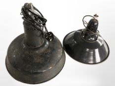 Two industrial enamelled metal conical light shades, largest 38cm diameter.