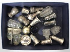 A group of silver plate and crystal sifters, condiments, etc.