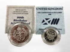 A Queen Mother 90th birthday silver proof crown, 1990,