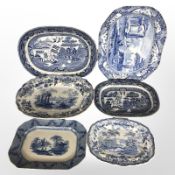 A group of 19th-century blue and white transfer-printed willow pattern meat plates including