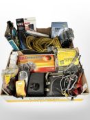 A quantity of tools including router bit set, cables, boxed motor, ear defenders, etc.