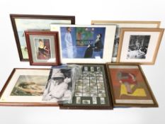 A group of various pictures and prints, a Tom Scott pen and watercolour coastal scene,