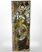 A stained glass window, an allegory of Matthew 13:39 'The Reapers are the Angels',