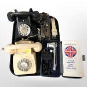 A vintage black bakelite telephone, a further plastic telephone, Novafon medical device,