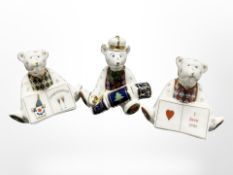 Three Royal Crown Derby seated teddy bear paperweights, tallest 7cm.