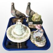 A pair of Dutch lustre figures of pigeons, Coalport figurine 'Carla', a Lilliput Lane cottage,