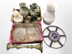 A pair of reproduction pottery flagons, crystal bowls, candlesticks, large ceramic vase,