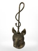 A modern brass doorstop in the form of a fox and riding crop, height 33cm.