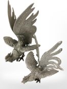 Two silver-plated models of cockerels, tallest 21cm.