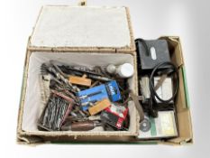 A quantity of drill bits and vintage carpentry tools, Megger tester, etc.