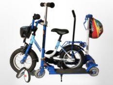 A child's bike, and two scooters.