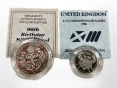 A Queen Mother 90th birthday silver proof crown, 1990,