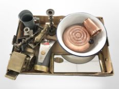 Various metal wares to include an enamelled wash bowl,