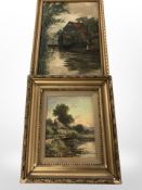 R Jenson, a thatched cottage and bridge over a stream, oil on panel, 24cm x 19cm,