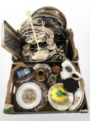 A group of silver-plated and stainless steel serving trays, cutlery, metal cake stand,