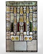 A stained glass panel, with a verse fragment 'reapers are the angels',