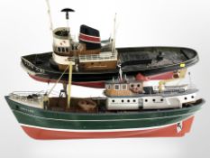 Two remote-controlled scale model fishing boats, longest 91cm.