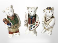 Three Royal Crown Derby teddy bear paperweights, Cricketer, Gardener, and Painter, tallest 9cm.