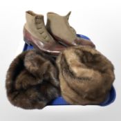 A pair of gent's leather country boots and two vintage mink fur hats.