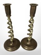 A pair of Victorian barley-twist brass candlesticks, height 25cm.