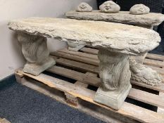 A concrete rustic garden bench on squirrel supports, width 100cm.
