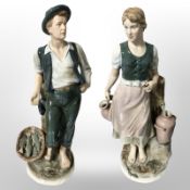 Two Royal Dux figures of a fisherman and a lady gathering water at a well, tallest 53cm.