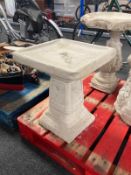 A concrete square garden bird bath, height 49cm.
