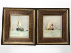 Early 20th century school, fishing boats in calm waters, a pair of oils on panel, each 16cm x 13cm,