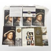 Six Royal Mint 2009 Henry VIII five pound brilliant uncirculated coins,