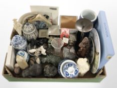 Assorted oriental porcelain ginger jars, sleeve vase, carved soapstone figure of a hippo,