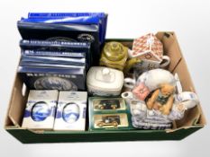 A group of Ringtons novelty teapots, boxed ginger jars, collectors plates, etc.