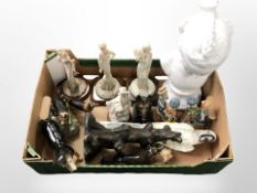 A contemporary ceramic bust of a girl, Italian figurines of ladies, Peter Miles figurines, etc.